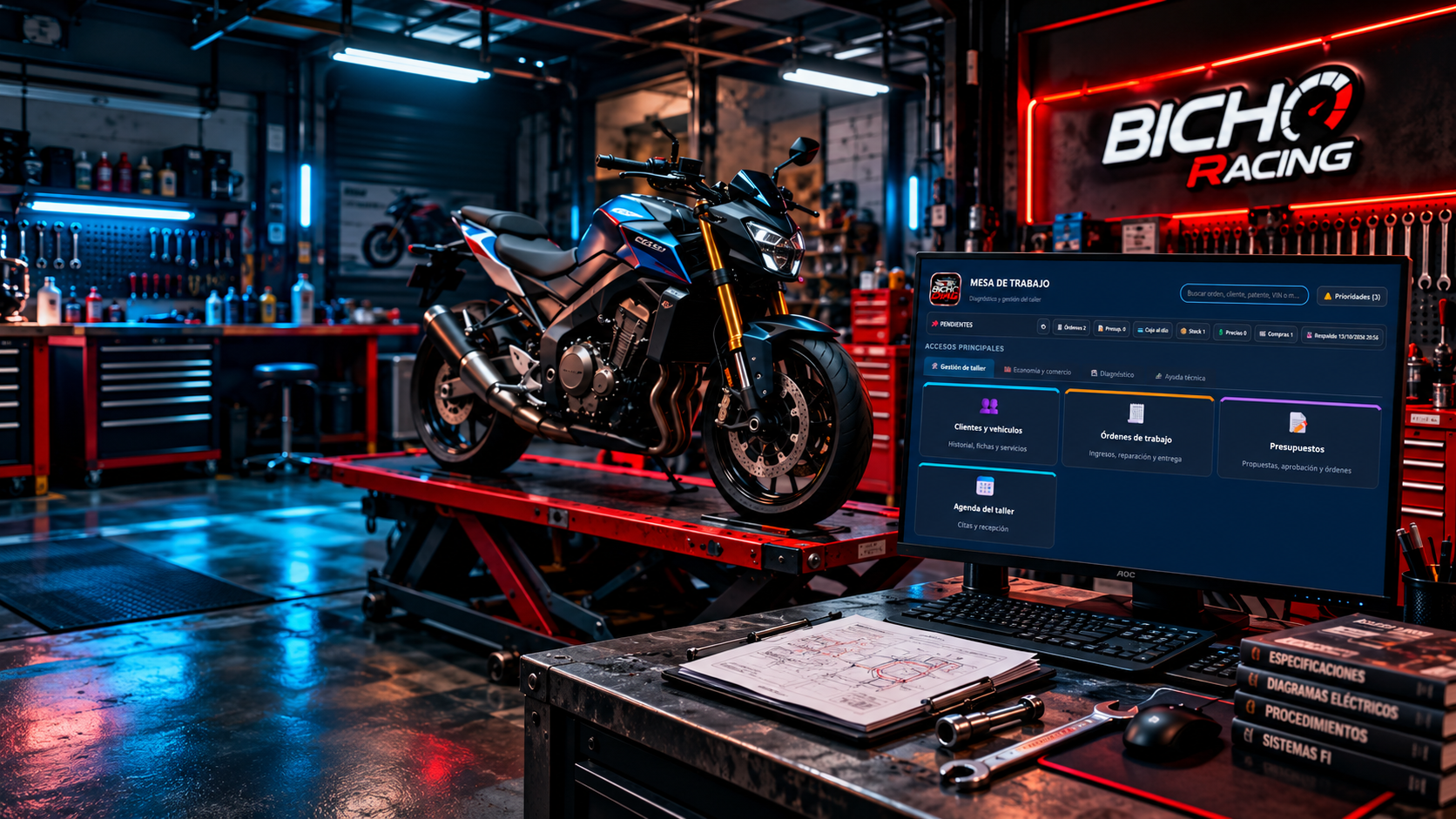 Motocicleta en el taller Bicho Racing y monitor mostrando BichoDiag.